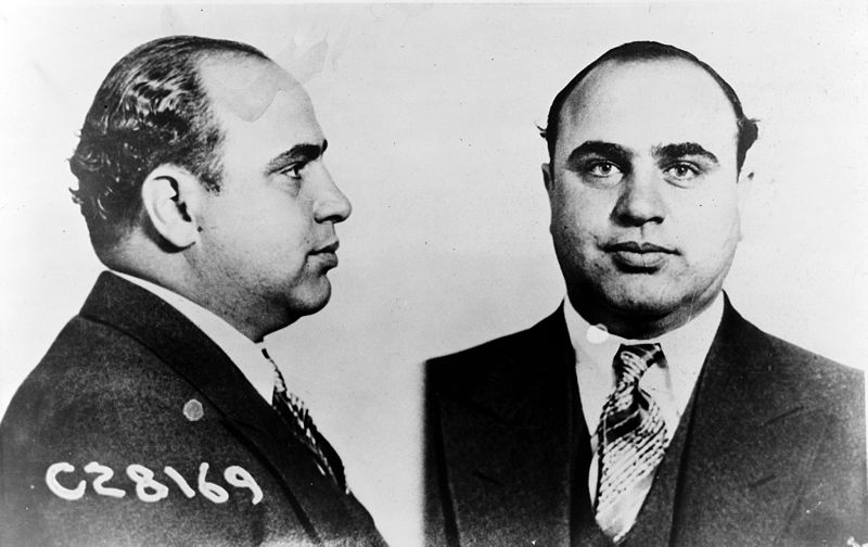 Picture of Al Capone. This picture shows the Bertillon photographs of Capone made by the US Dept of Justice. His rogue's gallery number is C 28169.