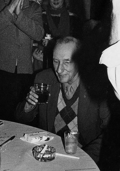 Picture of William S. Burroughs. William Burroughs enjoying his 70th birthday. Photo by Chuck Patch.