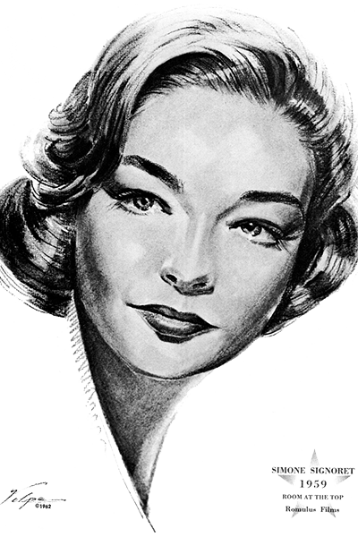 Picture of Simone Signoret. This work is in the public domain because it was published in the United States between 1924 and 1963 and although there may or may not have been a copyright notice, the copyright was not renewed.