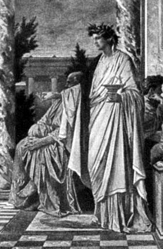 Anselm Feuerbach (1829-1880) painted this scene from Plato's Symposium in 1869. It depicts the tragedian Agathon as he welcomes the drunken Alcibiades into his house. Picture of Agathon.
