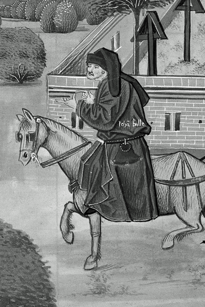 Picture of John Ball. An illustration of the priest John Ball ('Jehã Balle') on a horse encouraging Wat Tyler's rebels ('Waultre le tieulier') of 1381, from a ca. 1470 manuscript of Jean Froissart's Chronicles in the British Library.